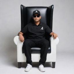 A 3D illusion of a casual boy dressed in a black shirt, wearing sneakers, a black cricket cap, and sunglasses seated comfortably on a wingback chair. He gazes straight ahead. The backdrop showcases the bold, uppercase white letters 'AJ Amarjeet'.