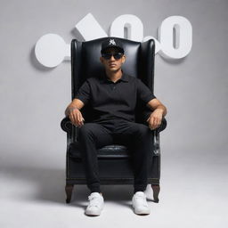 A 3D illusion of a casual boy dressed in a black shirt, wearing sneakers, a black cricket cap, and sunglasses seated comfortably on a wingback chair. He gazes straight ahead. The backdrop showcases the bold, uppercase white letters 'AJ Amarjeet'.