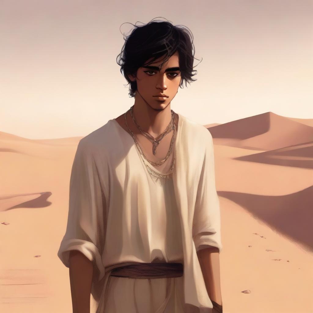 A high-quality digital art illustration for Chapter 1, 'The Sands of Destiny', depicts a young male protagonist amidst the Kuwaiti wasteland