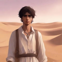 A high-quality digital art illustration for Chapter 1, 'The Sands of Destiny', depicts a young male protagonist amidst the Kuwaiti wasteland
