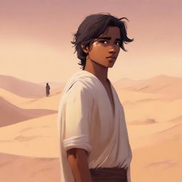 A high-quality digital art illustration for Chapter 1, 'The Sands of Destiny', depicts a young male protagonist amidst the Kuwaiti wasteland