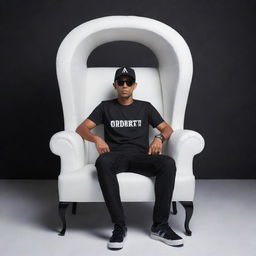 A 3D illusion of a casual boy dressed in a black shirt, wearing sneakers, a black cricket cap, and sunglasses seated comfortably on a wingback chair. He gazes straight ahead. The backdrop showcases the bold, uppercase white letters 'AJ Amarjeet'.