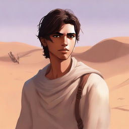 A high-quality digital art illustration for Chapter 1, 'The Sands of Destiny', depicts a young male protagonist amidst the Kuwaiti wasteland