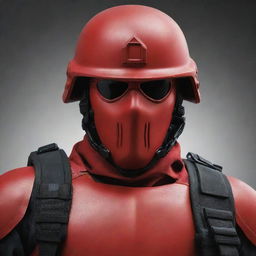 Generate an image of a 'Red Commando', a strong and skilled soldier clad in powerfully symbolizing, vivid red battle gear.