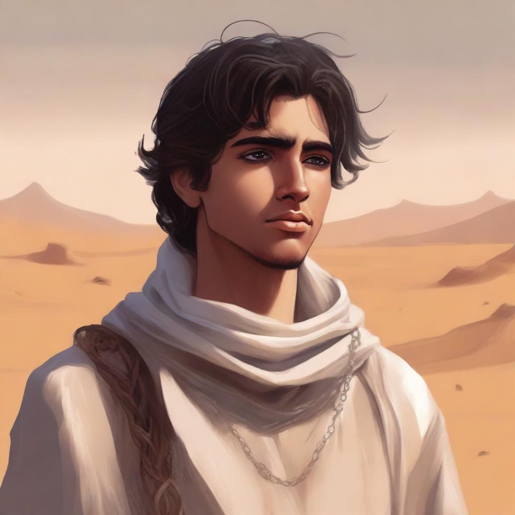 This high-quality digital art illustration for Chapter 1, 'The Sands of Destiny', portrays a young male protagonist in the Kuwaiti wasteland