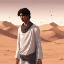 This high-quality digital art illustration for Chapter 1, 'The Sands of Destiny', portrays a young male protagonist in the Kuwaiti wasteland