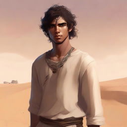 This high-quality digital art illustration for Chapter 1, 'The Sands of Destiny', portrays a young male protagonist in the Kuwaiti wasteland