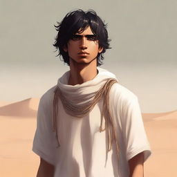 This high-quality digital art illustration for Chapter 1, 'The Sands of Destiny', portrays a young male protagonist in the Kuwaiti wasteland