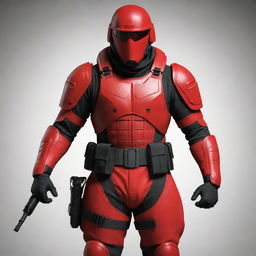 Generate an image of a 'Red Commando', a strong and skilled soldier clad in powerfully symbolizing, vivid red battle gear.