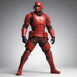 Generate an image of a 'Red Commando', a strong and skilled soldier clad in powerfully symbolizing, vivid red battle gear.