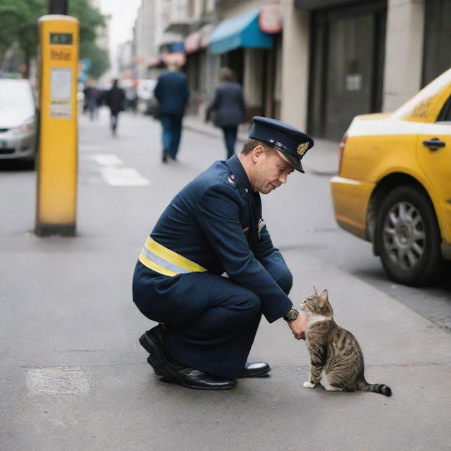 A Maxim taxi driver in uniform squatting down to gently stroke a contented domestic cat on a city sidewalk.