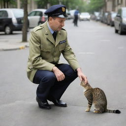 A Maxim taxi driver in uniform squatting down to gently stroke a contented domestic cat on a city sidewalk.