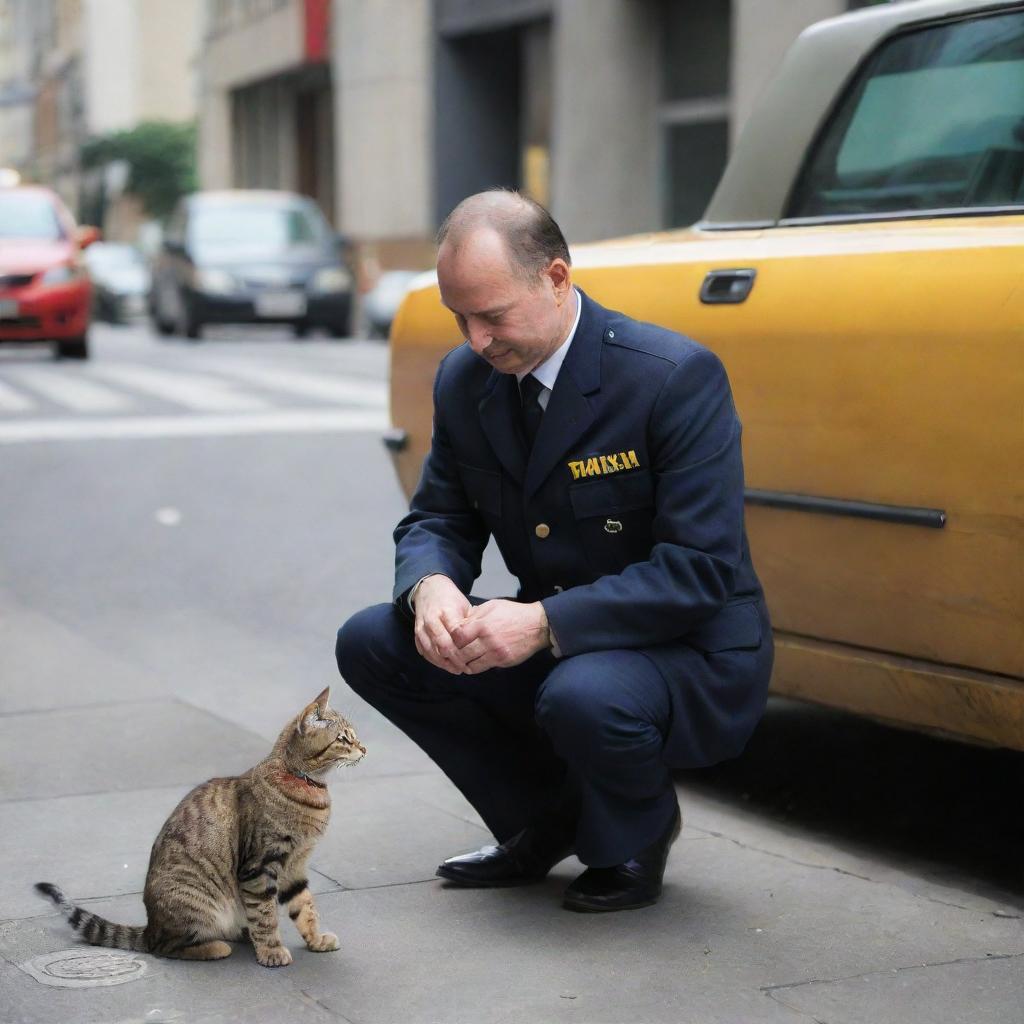 A Maxim taxi driver in uniform squatting down to gently stroke a contented domestic cat on a city sidewalk.