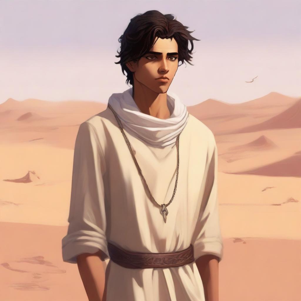 A high-quality digital art illustration for Chapter 1, 'The Sands of Destiny', portrays a young male protagonist standing amidst the Kuwaiti wasteland