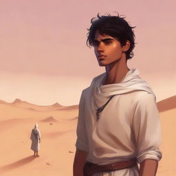 A high-quality digital art illustration for Chapter 1, 'The Sands of Destiny', portrays a young male protagonist standing amidst the Kuwaiti wasteland