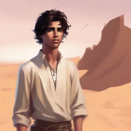 A high-quality digital art illustration for Chapter 1, 'The Sands of Destiny', portrays a young male protagonist standing amidst the Kuwaiti wasteland
