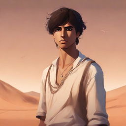 A high-quality digital art illustration for Chapter 1, 'The Sands of Destiny', portrays a young male protagonist standing amidst the Kuwaiti wasteland
