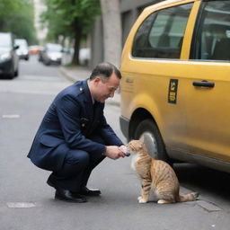 A Maxim taxi driver in uniform squatting down to gently stroke a contented domestic cat on a city sidewalk.