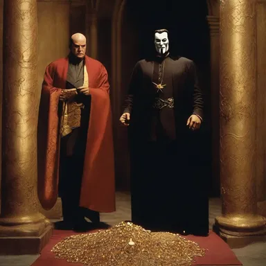 In the pivotal scene, the villain dramatically undrapes the hidden treasure to reveal its true value.