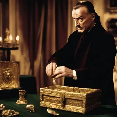 In the pivotal scene, the villain dramatically undrapes the hidden treasure to reveal its true value.