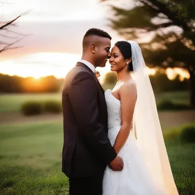 As the sun set, he gently undraped the wedding veil from his bride's face, revealing her radiant smile.