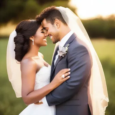 As the sun set, he gently undraped the wedding veil from his bride's face, revealing her radiant smile.