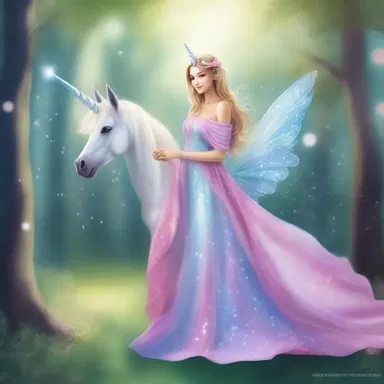With a flick of her magical wand, the fairy undraped an enchanted cloak, transforming herself into a majestic unicorn.