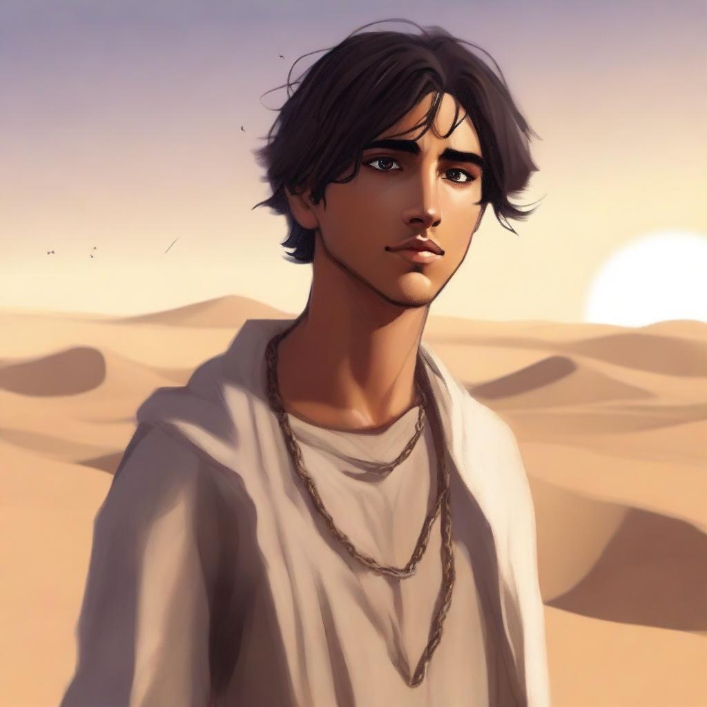 This high-quality digital art illustration for Chapter 1, 'The Sands of Destiny', portrays a young male protagonist amidst the Kuwaiti wasteland