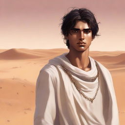 This high-quality digital art illustration for Chapter 1, 'The Sands of Destiny', portrays a young male protagonist amidst the Kuwaiti wasteland