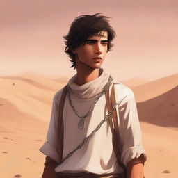 This high-quality digital art illustration for Chapter 1, 'The Sands of Destiny', portrays a young male protagonist amidst the Kuwaiti wasteland