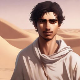 This high-quality digital art illustration for Chapter 1, 'The Sands of Destiny', portrays a young male protagonist amidst the Kuwaiti wasteland