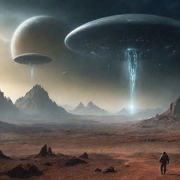 Visualize a science fiction scenario where extraterrestrial beings are initiating an invasion on Earth, showcasing advanced alien technology and dramatic landscapes.