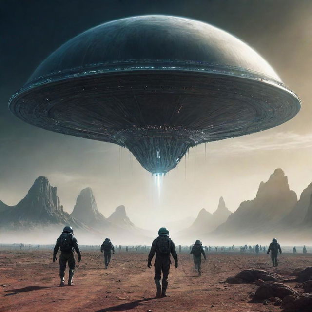 Visualize a science fiction scenario where extraterrestrial beings are initiating an invasion on Earth, showcasing advanced alien technology and dramatic landscapes.