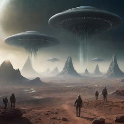 Visualize a science fiction scenario where extraterrestrial beings are initiating an invasion on Earth, showcasing advanced alien technology and dramatic landscapes.