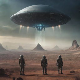 Visualize a science fiction scenario where extraterrestrial beings are initiating an invasion on Earth, showcasing advanced alien technology and dramatic landscapes.