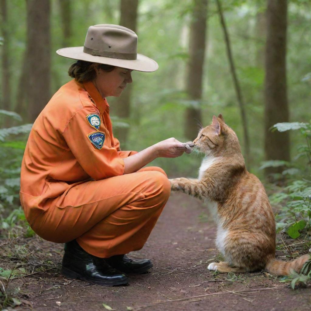 A park ranger in vibrant orange uniform squatting down to gently stroke a contented domestic cat in a lush forest setting.