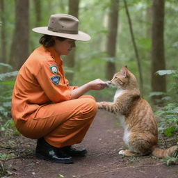 A park ranger in vibrant orange uniform squatting down to gently stroke a contented domestic cat in a lush forest setting.