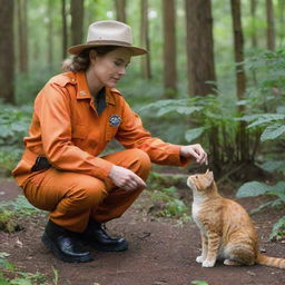 A park ranger in vibrant orange uniform squatting down to gently stroke a contented domestic cat in a lush forest setting.