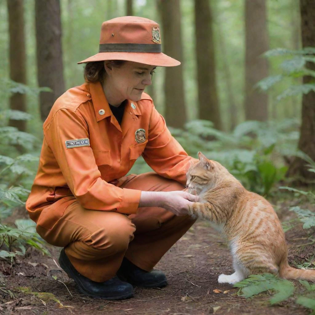 A park ranger in vibrant orange uniform squatting down to gently stroke a contented domestic cat in a lush forest setting.