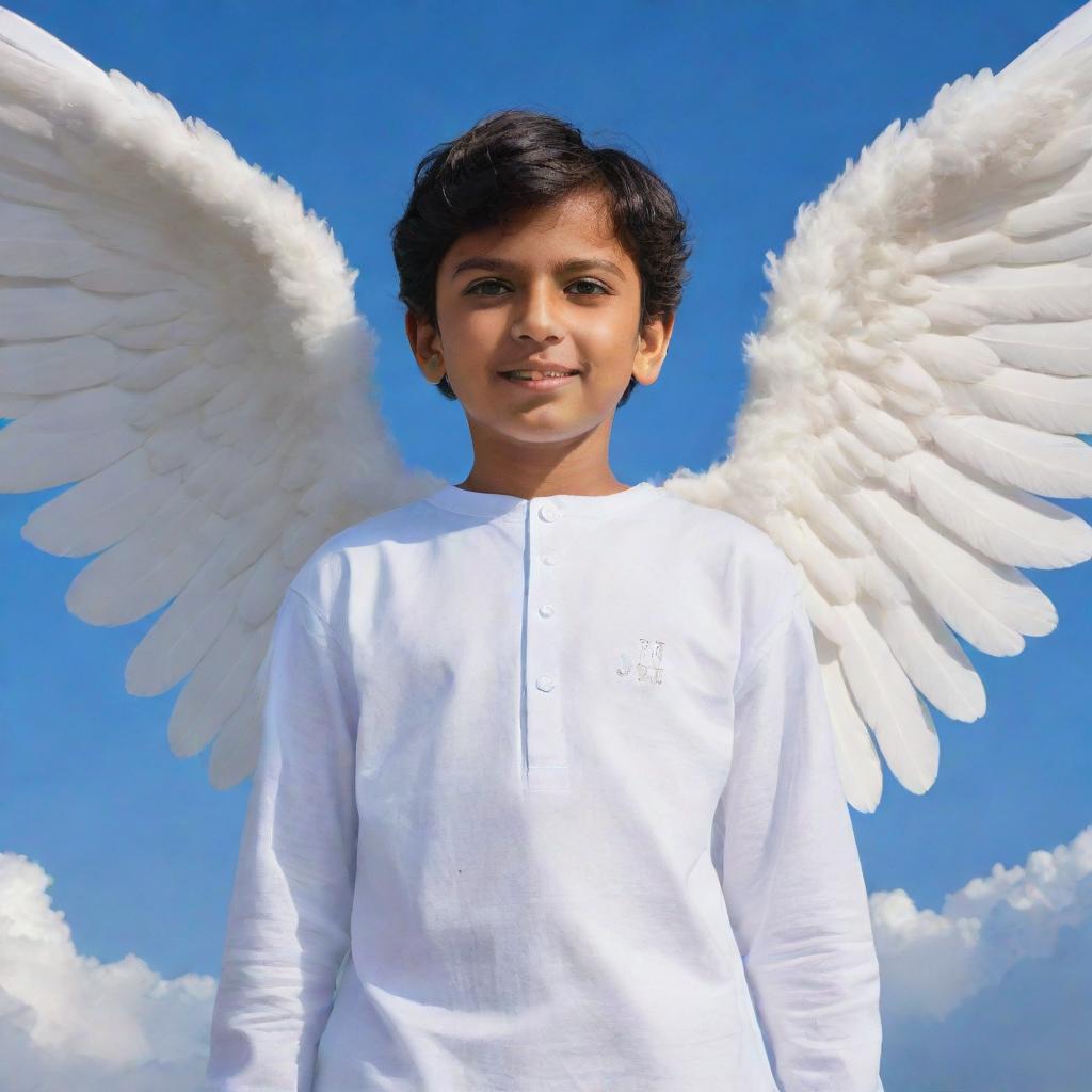 A young boy angel with large, luminous wings. He is characterized by his pure and serene appearance. Boldly written in the sky behind him are the capital letters 'AJ Amarjeet'.