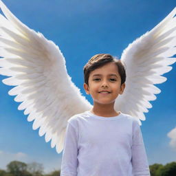 A young boy angel with large, luminous wings. He is characterized by his pure and serene appearance. Boldly written in the sky behind him are the capital letters 'AJ Amarjeet'.