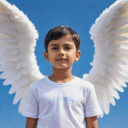 A young boy angel with large, luminous wings. He is characterized by his pure and serene appearance. Boldly written in the sky behind him are the capital letters 'AJ Amarjeet'.