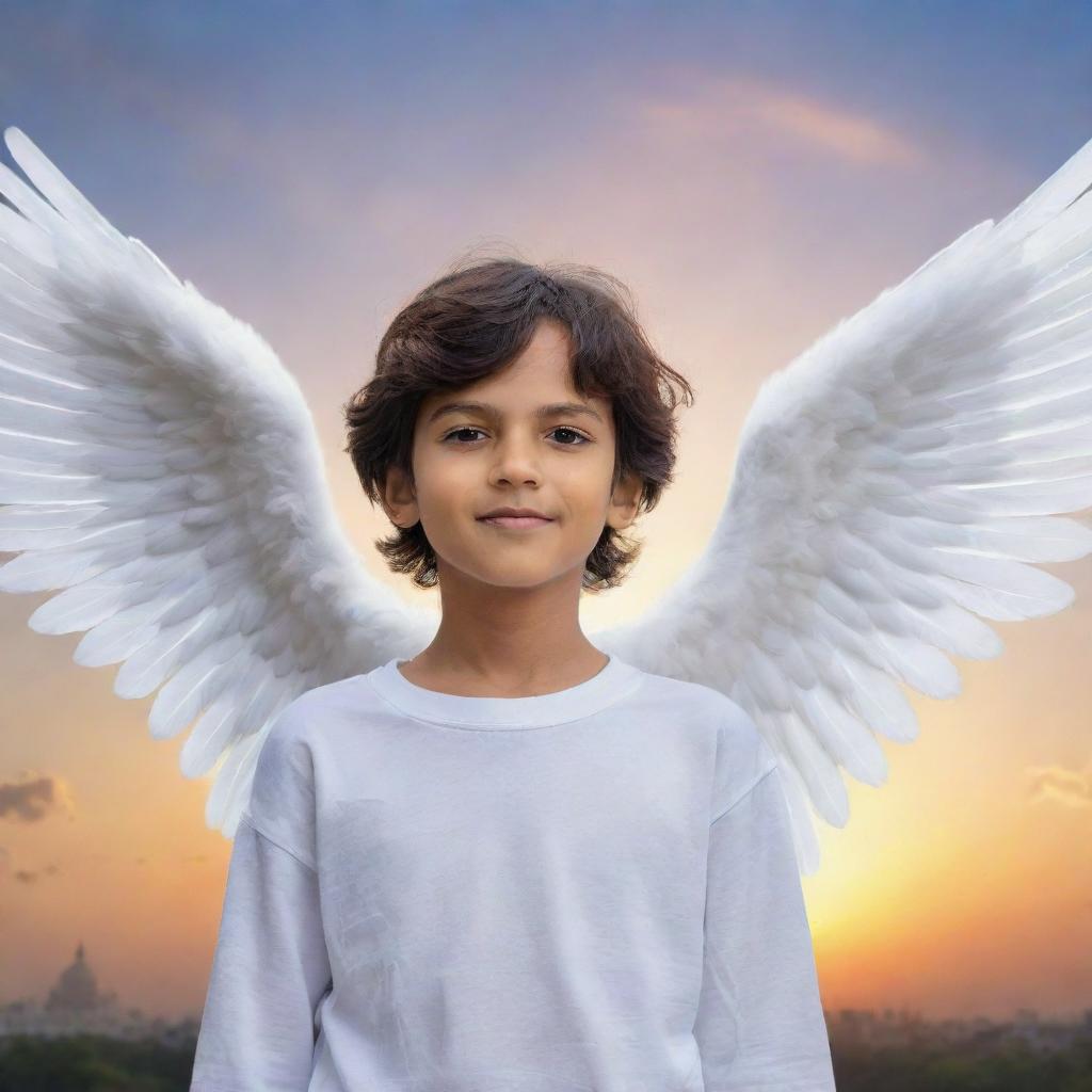 A young boy angel with large, luminous wings. He is characterized by his pure and serene appearance. Boldly written in the sky behind him are the capital letters 'AJ Amarjeet'.