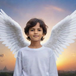 A young boy angel with large, luminous wings. He is characterized by his pure and serene appearance. Boldly written in the sky behind him are the capital letters 'AJ Amarjeet'.