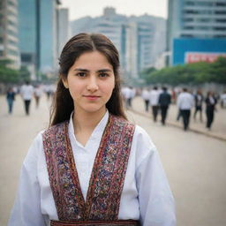 A Kurdish girl in traditional attire standing confidently in the bustling cityscape of South Korea.