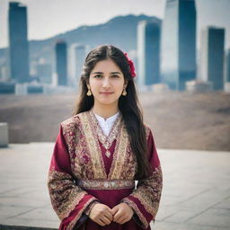 A Kurdish girl in traditional attire standing confidently in the bustling cityscape of South Korea.