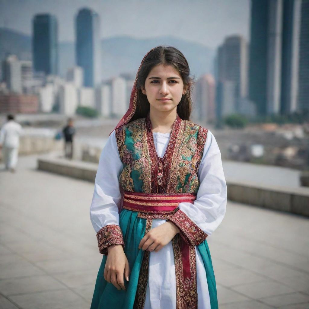 A Kurdish girl in traditional attire standing confidently in the bustling cityscape of South Korea.