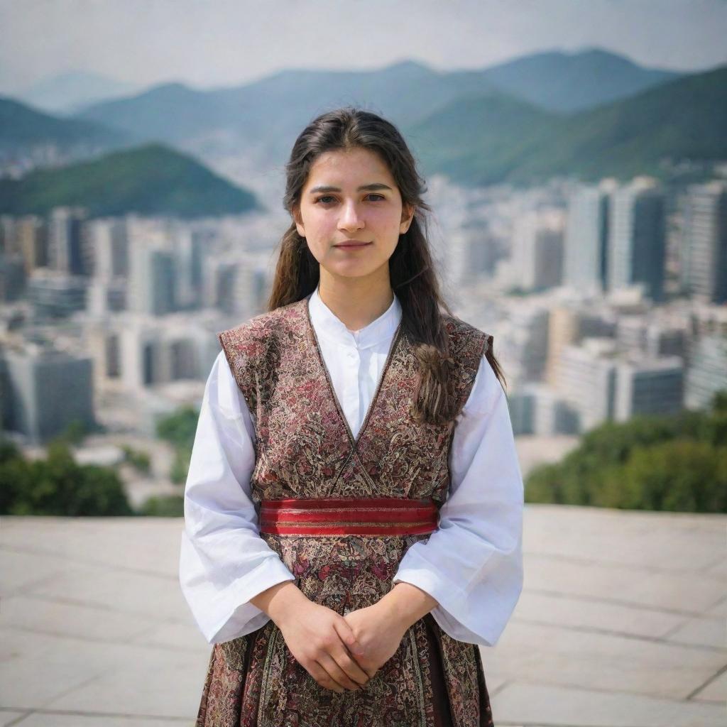 A Kurdish girl in traditional attire standing confidently in the bustling cityscape of South Korea.