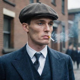 Thomas Shelby from Peaky Blinders, dressed in his classic 1920s suit, smoking a cigarette. The dull, smoky atmosphere reflects the gritty ambience of 1920s Birmingham.