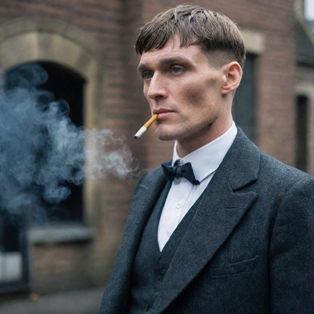 Thomas Shelby from Peaky Blinders, dressed in his classic 1920s suit, smoking a cigarette. The dull, smoky atmosphere reflects the gritty ambience of 1920s Birmingham.